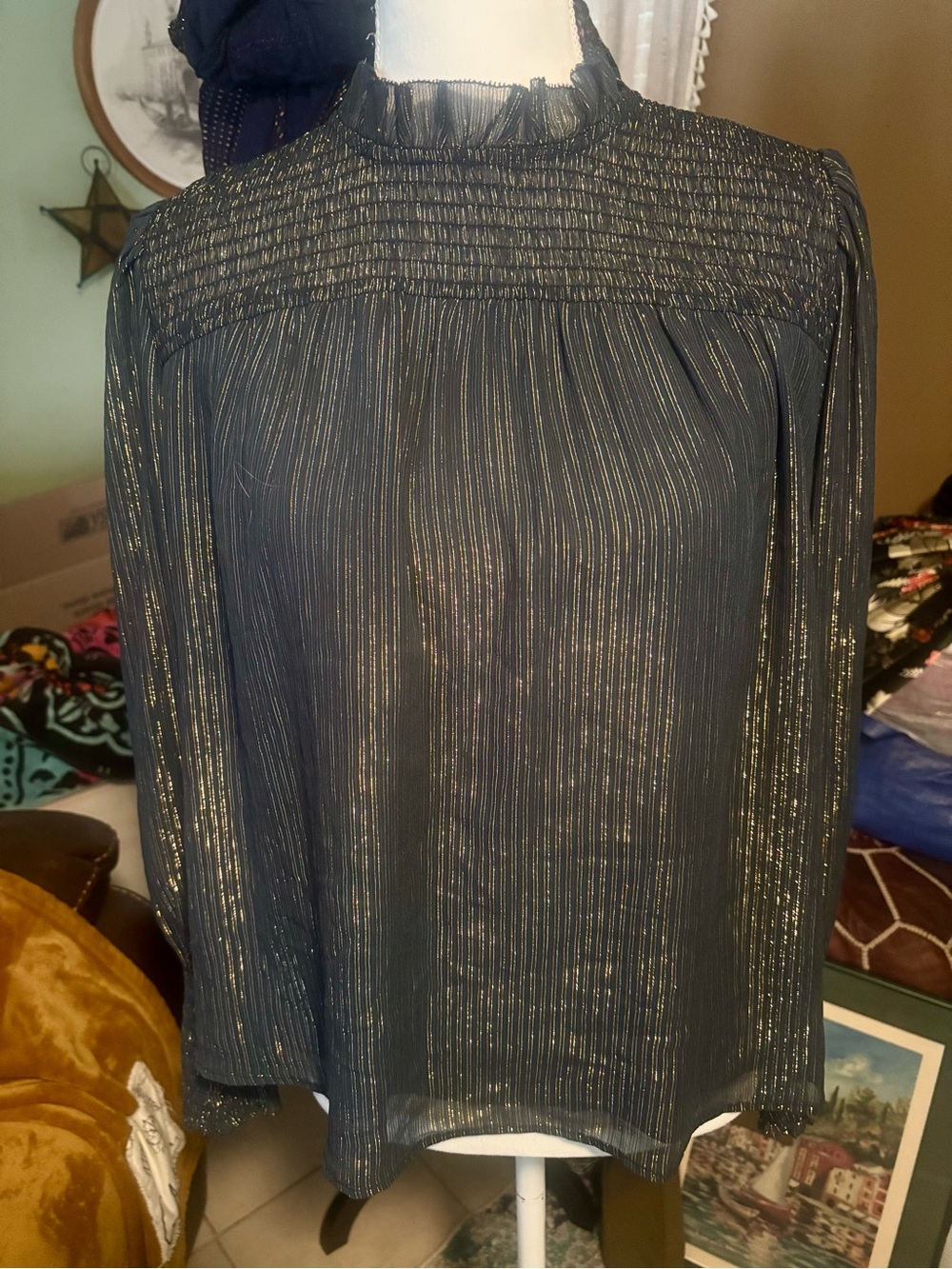 Ann Taylor Metallic Navy Smock-Neck Long Sleeve Blouse